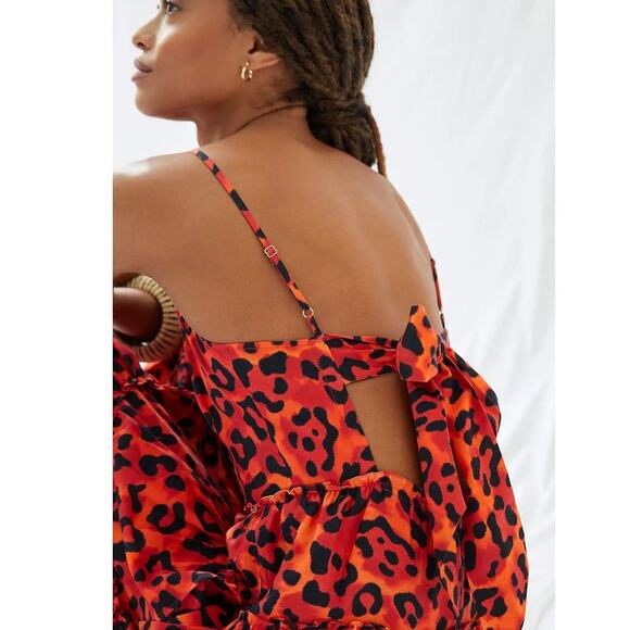 New Anthropologie by Geisha Leopard Tiered Midi Dress $198 MEDIUM Orange Motif - Picture 2 of 5